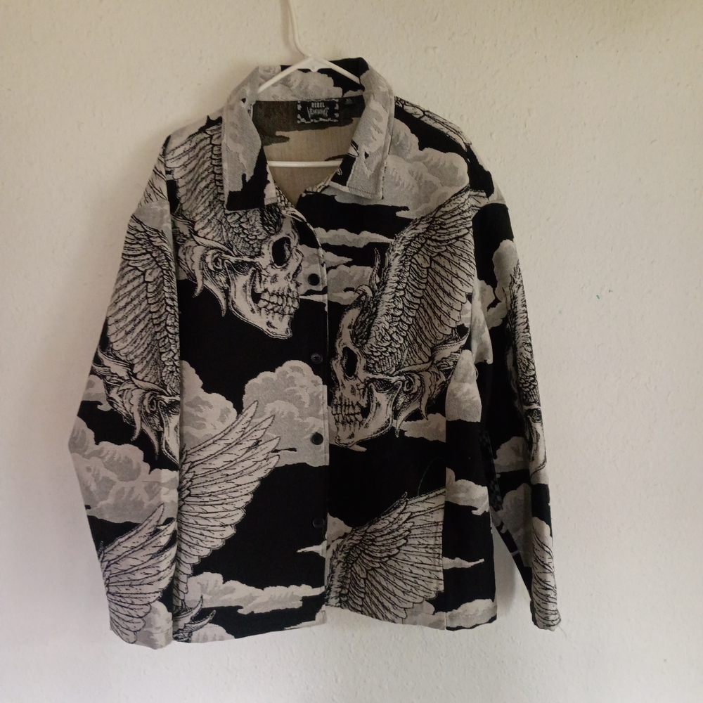 Rebels Black and Gray Skull Print Jean Jacket